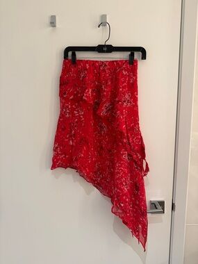 IRO Red Floral Asymmetrical Midi Skirt